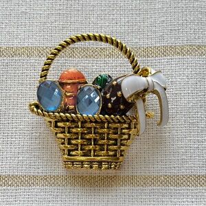 Easter Basket Brooch, deep gold with Gem Accents, NWT, 1.75x1.75”,